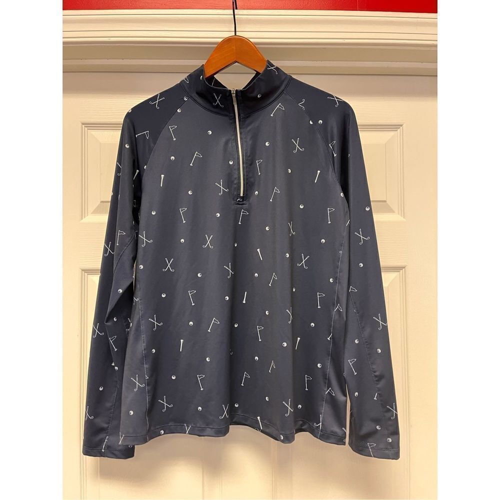 Lady Hagen Navy Golf Motif Quarter Zip PullIover sz M EUC